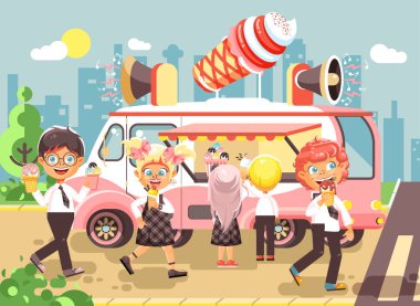 Vektör çizim karikatür karakterleri çocuklar, öğrenciler, öğrenciler ve kız öğrenciler arabadan dondurma, vanilya, çikolata, çubuklu dondurmayı satın, yemekler tekerlekler, sokak gıda, okul düz stil snack