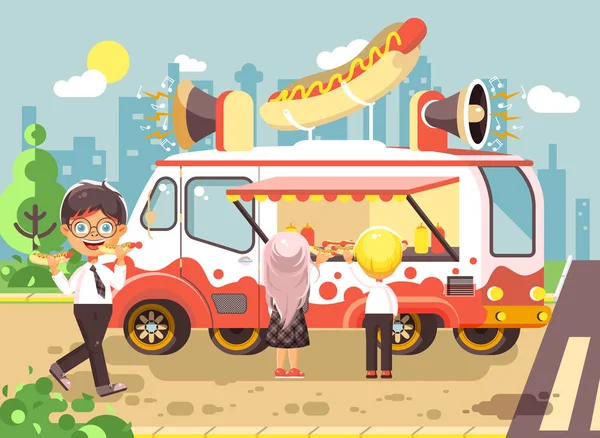 Vektor Illustration Cartoon-Figuren Kinder, Schüler, Schüler und Schülerinnen kaufen Fast Food, Sandwiches, Hot Dogs, Wurst aus dem Auto, Mahlzeiten auf Rädern, Streetfood, Schulessen flachen Stil — Stockvektor
