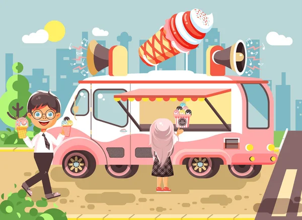 Personagens de desenhos animados ilustração vetorial crianças, alunos, meninos de escola e alunas comprar sorvete, baunilha, chocolate, picolés de carro, refeições sobre rodas, comida de rua, lanche da escola estilo plano —  Vetores de Stock