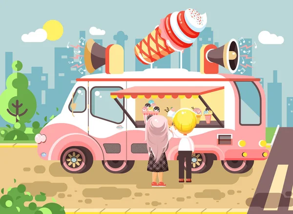 Векторні ілюстрації мультиплікаційних персонажів діти, школярі, школярі купують морозиво, ваніль, шоколад, макарони, їжу на колесах, вуличну їжу, шкільні закуски плоский стиль — стоковий вектор