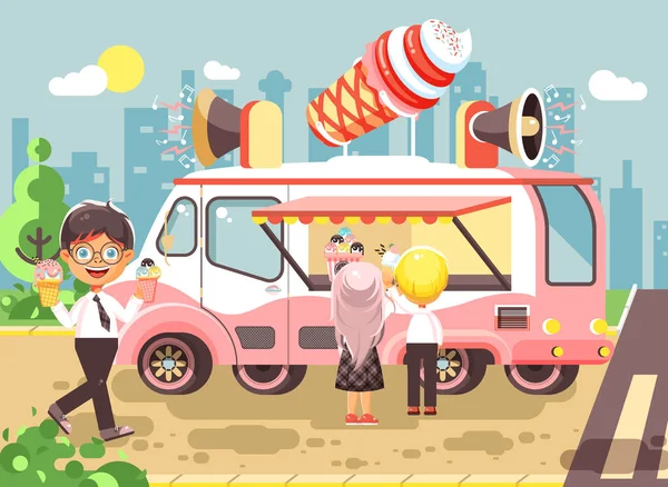 Ilustración vectorial personajes de dibujos animados niños, alumnos, escolares y colegialas comprar helado, vainilla, chocolate, paletas de coche, comidas sobre ruedas, comida de la calle, snack escolar estilo plano — Vector de stock