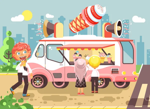 Ilustración vectorial personajes de dibujos animados niños, alumnos, escolares y colegialas comprar helado, vainilla, chocolate, paletas de coche, comidas sobre ruedas, comida de la calle, snack escolar estilo plano — Vector de stock