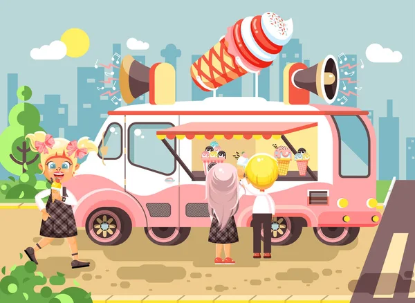 Illustration vectorielle personnages de dessins animés enfants, élèves, écoliers et écolières acheter crème glacée, vanille, chocolat, popsicles de voiture, repas sur roues, street food, collation scolaire style plat — Image vectorielle