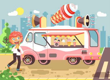 Vektör çizim karikatür karakter çocuk, öğrenci, okul çocuğu yalnız Kızıl saçlı çocuk satın yemek dondurma, vanilya, çikolata, Araba, yemekler tekerlekler, sokak gıda, okul aperatif düz stil popsicles