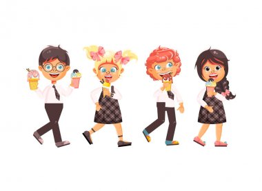 Vektör çizim karikatür izole karakter çocuklar, öğrenciler, öğrenciler, kız öğrenciler ye dondurma, vanilya, çikolata, çubuklu dondurmayı yemek, yiyecek, okul aperatif düz stil beyaz arka plan