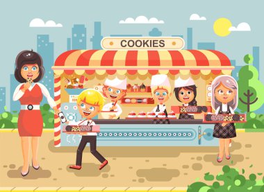 Vektör çizim karikatür karakterleri çocuklar, öğrenciler, öğrenciler ve kız öğrenciler pişirme kurabiye, kek, durak yemek, gıda, okul görev aperatif düz stil küçük iş satış imalat