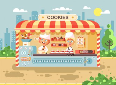 Vektör çizim karikatür karakterleri çocuklar, öğrenciler, öğrenciler ve kız öğrenciler pişirme kurabiye, kek, durak yemek, gıda, okul görev aperatif düz stil küçük iş satış imalat