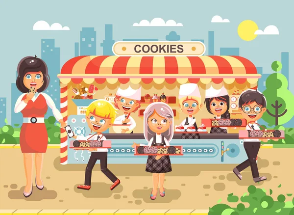 Εικονογράφηση διάνυσμα καρτούν χαρακτήρες παιδιά, τους μαθητές, τους μαθητές και μαθήτριες μικρή επιχείρηση πώληση κατασκευή ψήσιμο τα cookies, muffins, στάβλο γεύματα, τρόφιμα, επίπεδη στυλ σχολείο εργασία σνακ — Διανυσματικό Αρχείο