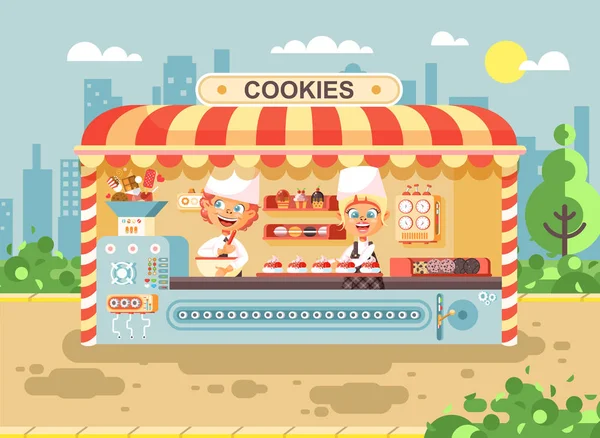 Vektoros illusztráció cartoon karaktereket a gyermekek, tanulók, gyorsasági és iskolás kis üzleti eladó gyártása sütés cookie-kat, muffin, istálló étkezés, élelmiszer, iskolai feladat snack lapos stílusú — Stock Vector