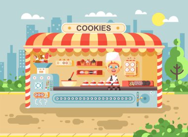 Vektör çizim karikatür karakter çocuk öğrenci, liseli küçük satıcı kız üretmektedir kurabiye yemek iş Satılık kek, Top kek, kek, tatlılar, hamur işleri, bisküvi tarzı düz.