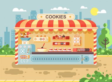 Vektör çizim karikatür kentsel durak kurabiye kek, kek, şekerleme, hamur işleri, bisküvi, kek düz stil şehir arka plan üzerinde raflara Satılık, pişirme, pişirme iş üretmektedir