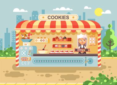 Vektör çizim karikatür karakter çocuk öğrenci, liseli küçük satıcı kız üretmektedir kurabiye yemek iş Satılık kek, Top kek, kek, tatlılar, hamur işleri, bisküvi tarzı düz.