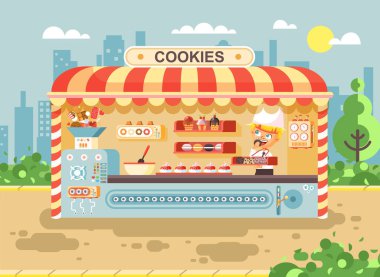 Vektör çizim karikatür karakter çocuk öğrenci, öğrenci yemek iş Satılık kekler, durak yemek, yemek, okul görev için kurabiye pişirme küçük satıcı boy üretmektedir snack düz stil