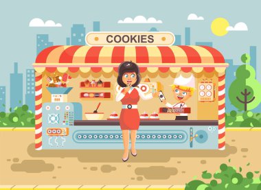 Vektör çizim çizgi film karakterleri çocuk öğrenci okul çocuğu satıcı çocuk satış kadın kek, kek, pasta, tatlı, hamur işleri, kurabiye, yemek iş pişirme bisküvi üreten tarzı düz