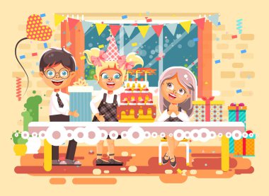 Vektör çizim karikatür karakterleri çocuk, arkadaş, erkek, kız mutlu yıllar, kutlamak tebrik ediyor, hediyeler, mumlar düz stil penceresinin arka plan üzerinde büyük festival pastayla vererek