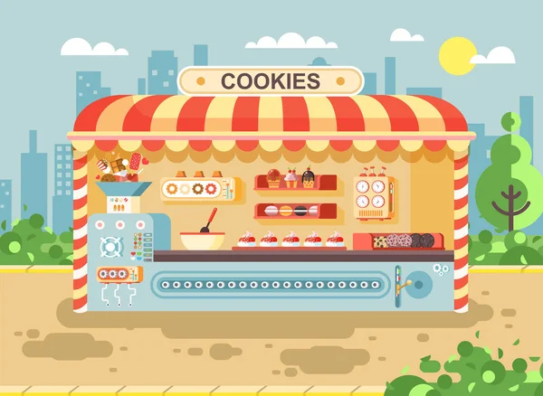 Vektör çizim karikatür kentsel durak kurabiye kek, kek, şekerleme, hamur işleri, bisküvi, kek düz stil şehir arka plan üzerinde raflara Satılık, pişirme, pişirme iş üretmektedir