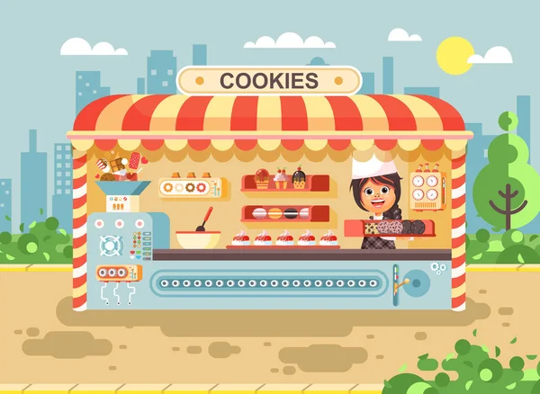 Векторна ілюстрація мультиплікаційного персонажа дитячої зіниці, школярка-продавець дівчинка виробляє печиво для випічки, кулінарні бізнес-продаж кексів, кексів, тортів, цукерок, випічки, бісквіта плоский стиль — стоковий вектор