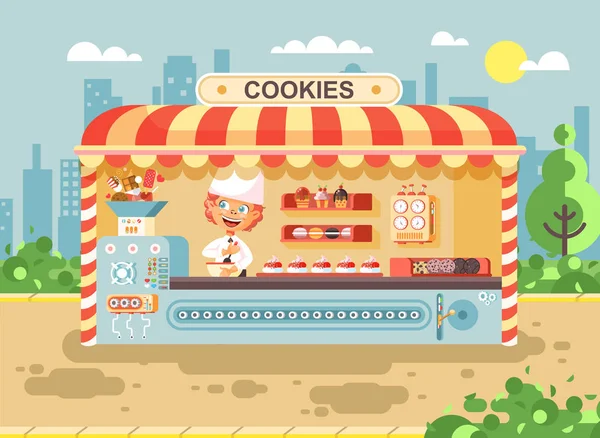 Vektör çizim karikatür karakter çocuk öğrenci, öğrenci yemek iş Satılık kekler, durak yemek, yemek, okul görev için kurabiye pişirme Kızıl boy üretmektedir snack düz stil