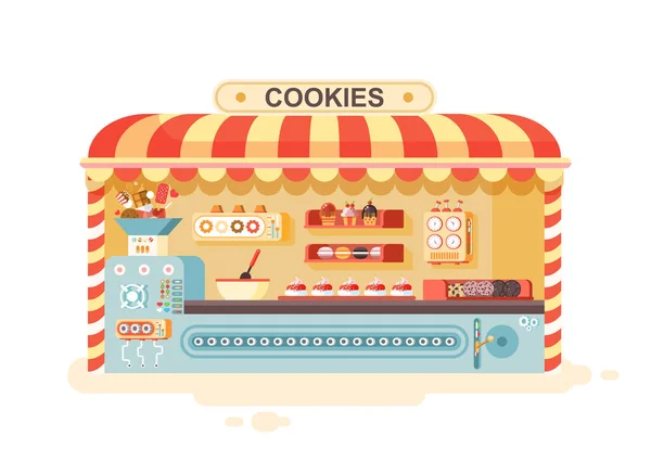 Εικονογράφηση διάνυσμα καρτούν απομονωμένες αστικών στάβλο μαγείρεμα επιχείρηση κατασκευή ψήσιμο τα cookies για την πώληση, ράφια με cupcake, κέικ, γλυκά, αρτοσκευάσματα, μπισκότο, muffin επίπεδη στυλ λευκό φόντο — Διανυσματικό Αρχείο