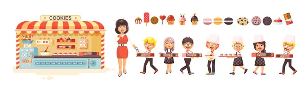 Illustration vectorielle bande dessinée personnages isolés enfants, élèves, écoliers, écolières vente d'affaires de biscuits de cuisson, stalle avec muffins, cupcake, gâteau, pâtisseries style plat fond blanc — Image vectorielle