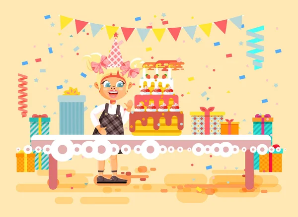 Vektor Illustration Cartoon-Figur Kind einsam blonde Mädchen feiern alles Gute zum Geburtstag, gratulieren Geschenke, riesige festliche Torte mit Kerzen und Konfetti flachen Stil auf beigem Hintergrund — Stockvektor