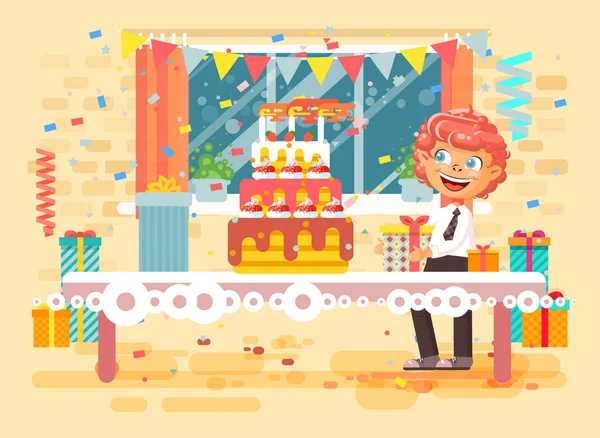 Vector illustration cartoon character child lonely redhead boy celebrate happy birthday, congratulating give gifts, huge festive cake with candles and confetti flat style on background of window — Stock Vector