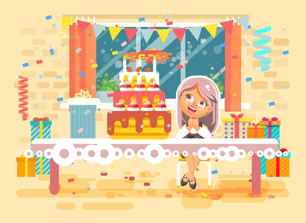 Ilustración vectorial personaje de dibujos animados niña solitaria chica rubia celebrar feliz cumpleaños, felicitando dar regalos, enorme pastel festivo con velas y confeti estilo plano en el fondo de la ventana — Vector de stock