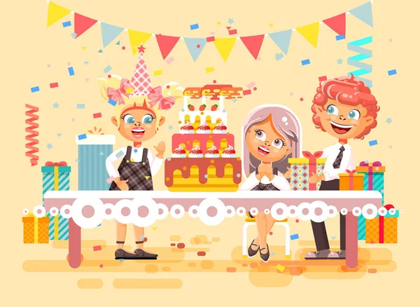 Vector illustration cartoon characters children, friends, boy and two girls celebrate happy birthday, congratulating, giving gifts, huge festive cake with candles flat style on beige background — Stock Vector