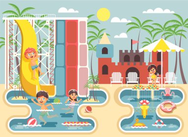Vektör çizim karakterleri çocuklar, çocuklar ve kızlar eğlenirken karikatür veya konumlar at binme su slayt Yüzme Havuzu, su su parkı, dinlenme, şezlonglar güneş şemsiyesi düz stil altında oturmak
