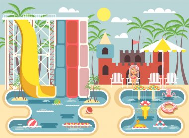 Vektör çizim karikatür karakter çocuk yalnız küçük kız oturma şezlonglar Yüzme Havuzu su kaydırağı, eğlenirken, Aquapark su konumlar düz tarzda dinlenme yakınındaki güneş şemsiyesi altında