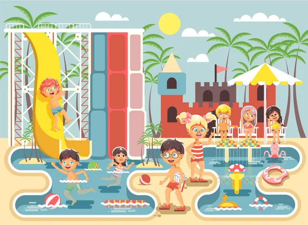 Vektoros illusztráció cartoon karaktereket a gyermekek, a fiúk és a lányok ficánkolódnak vagy pihenés vízi park, vízi látványosságok, lovaglás, medence csúszdával úszni, nyugágyak a sun esernyő lapos stílusú ülni — Stock Vector