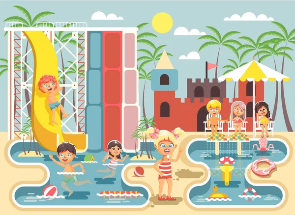 Ilustración vectorial personajes de dibujos animados niños, niños y niñas retozando o descansando parque acuático, atracciones acuáticas, montar la piscina de tobogán acuático, sentarse en tumbonas bajo el paraguas de estilo plano — Archivo Imágenes Vectoriales