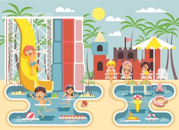 Vektör çizim karakterleri çocuklar, çocuklar ve kızlar eğlenirken karikatür veya konumlar at binme su slayt Yüzme Havuzu, su su parkı, dinlenme, şezlonglar güneş şemsiyesi düz stil altında oturmak — Stok Vektör