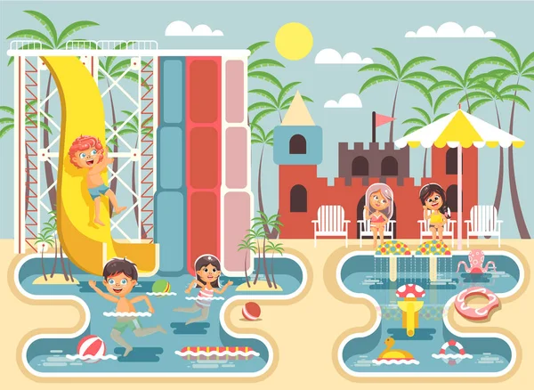 Illustration vectorielle personnages de dessins animés enfants, garçons et filles caressant ou se reposant parc aquatique, attractions aquatiques, équitation toboggan aquatique piscine, assis sur des chaises longues sous le parasol style plat — Image vectorielle