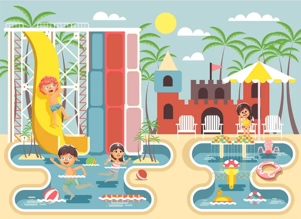 Ilustración vectorial personajes de dibujos animados niños, niños y niñas retozando o descansando parque acuático, atracciones acuáticas, montar la piscina de tobogán acuático, sentarse en tumbonas bajo el paraguas de estilo plano — Archivo Imágenes Vectoriales