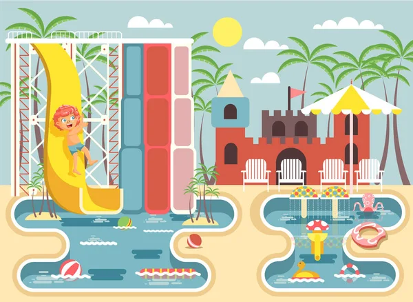 Ilustración vectorial personaje de dibujos animados niño pelirrojo montar tobogán de agua que cae en la piscina retozando o descansando parque acuático, atracciones acuáticas, tumbonas bajo el paraguas de estilo plano — Archivo Imágenes Vectoriales