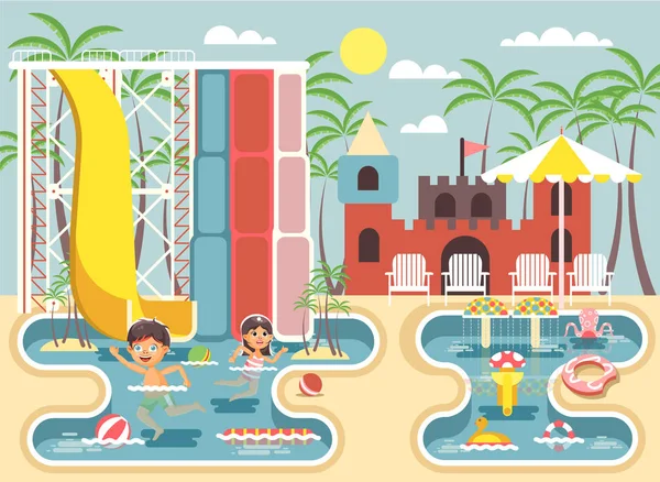 Illustration vectorielle personnages de dessins animés enfants, garçon et fille piscine près de toboggan aquatique, frémissant ou se reposant dans un parc aquatique, attractions aquatiques, transats sous le parasol style plat — Image vectorielle