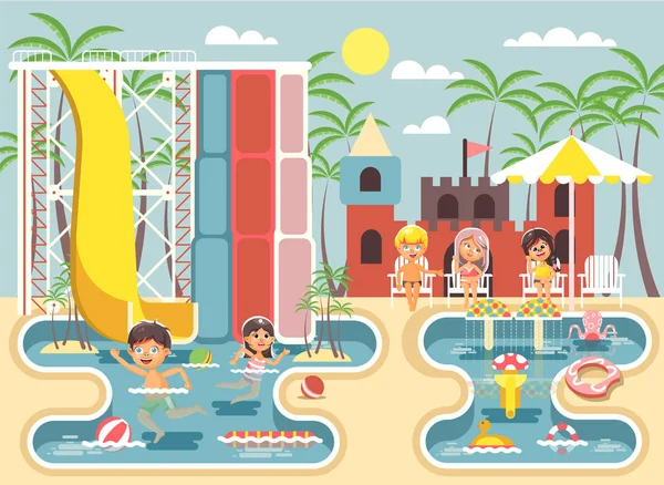 Vektorové ilustrace kreslené postavy chlapec a dívka bazén poblíž vodní skluzavku, dovádění, spočívající v aqua parku, vodní atrakce, děti, které sedí lehátka pod slunečník ploché styl — Stockový vektor
