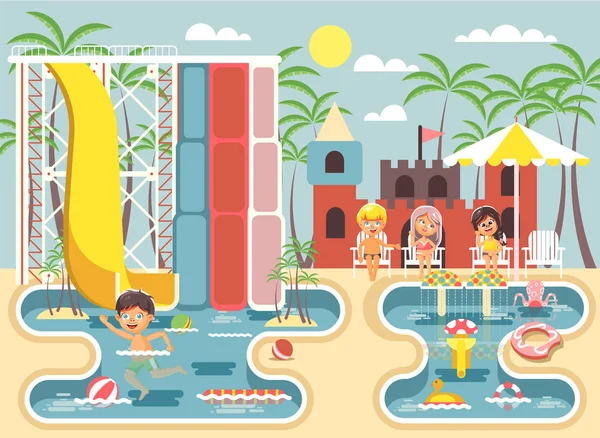 Illustration vectorielle personnages de dessins animés garçon solitaire piscine près de toboggan aquatique, frémissements, repos dans un parc aquatique, attractions aquatiques, enfants assis chaises longues sous le parasol style plat — Image vectorielle