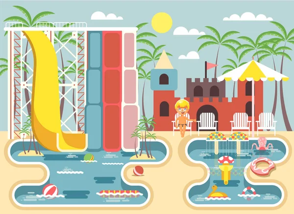 Ilustración vectorial personaje de dibujos animados niño solitario niño rubio sentado tumbonas bajo el parasol cerca de la piscina tobogán acuático, retozando, descansando en el parque acuático, atracciones acuáticas de estilo plano — Archivo Imágenes Vectoriales