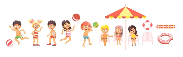 Vektor Illustration isolierte Cartoon-Figuren Kinder, Jungen und Mädchen ruhen in Badeanzügen, Badehosen, Beachwear Ball spielen, sitzen unter Sonnenschirm flachen Stil auf weißem Hintergrund — Stockvektor