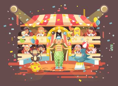 Vektör çizim karikatür karakterleri çocuklar, okul çocuğu, kız öğrenci, bayanlar baylar performans iç sirk izlerken, gösteri palyaço arena juggles, eğitimli hayvanlar düz stil gerçekleştirmek
