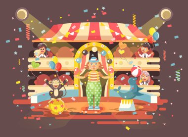 Vektör çizim karikatür karakterleri çocuklar, okul çocuğu, kız öğrenci, bayanlar baylar performans iç sirk izlerken, gösteri palyaço arena juggles, eğitimli hayvanlar düz stil gerçekleştirmek