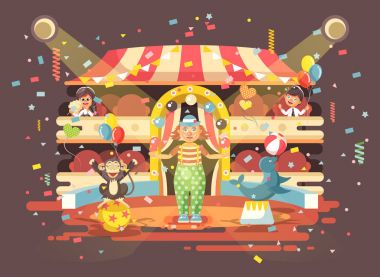 Vektör çizim karikatür karakterleri çocuklar, okul çocuğu, kız öğrenci, bayanlar baylar performans iç sirk izlerken, gösteri palyaço arena juggles, eğitimli hayvanlar düz stil gerçekleştirmek