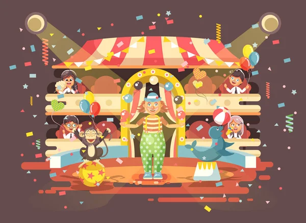 Ilustración vectorial personajes de dibujos animados niños, colegial, colegiala, niños y niñas viendo el rendimiento en el interior del circo, mostrar malabares payaso en la arena, realizar animales entrenados estilo plano — Vector de stock