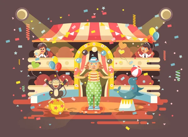 Векторні ілюстрації мультиплікаційних персонажів діти, школярка, хлопчики і дівчатка, які спостерігають за виступом в інтер'єрі цирку, показують клоуни на арені, виконують навчені тварини плоский стиль — стоковий вектор