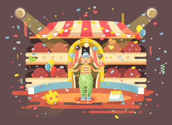 Vektör çizim karikatür karakter yalnız palyaço topları, performans iç boş sirk juggles, arena göstermek, gerçekleştirmek, düz stil hareket tasarımı, infographics, afiş, broşür için eğitim