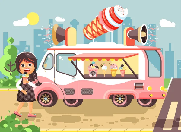 Векторная иллюстрация мультфильм персонаж ребенок школьница одинокая брюнетка девушка купить съесть мороженое, ваниль, шоколад, мороженое из машины, питание на колесах, уличная еда, школа закуска плоский стиль — стоковый вектор