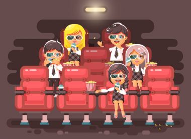 Vektör illüstrasyon karikatür karakterleri çocuklar, sınıf arkadaşları, öğrenci, öğrenciler, kız öğrenciler, çocuklar, koltuklar, sinema salonu oturan kızlar, 3d gözlük tarzı düz film izlerken patlamış mısır yemek