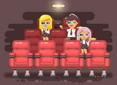 3d gözlük tarzı düz film izlerken patlamış mısır, vektör çizim karikatür karakterleri çocuklar, sınıf arkadaşları, öğrenciler, okul çocuğu, kız öğrenciler, çocuk ve koltuklar, sinema salonu, iki kız oturup yemek